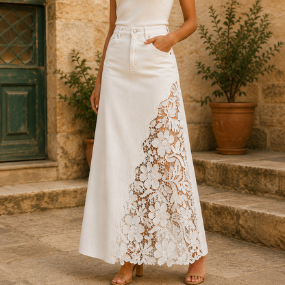 The Solenne Lace Denim Skirt