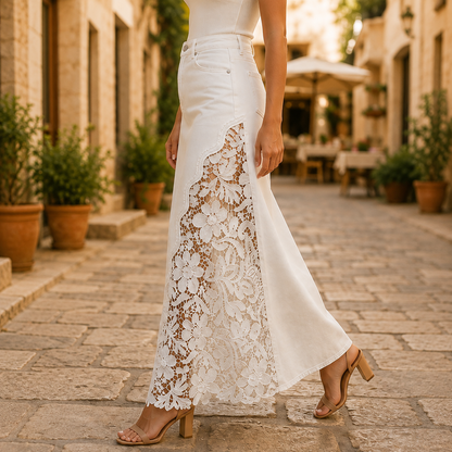 The Solenne Lace Denim Skirt