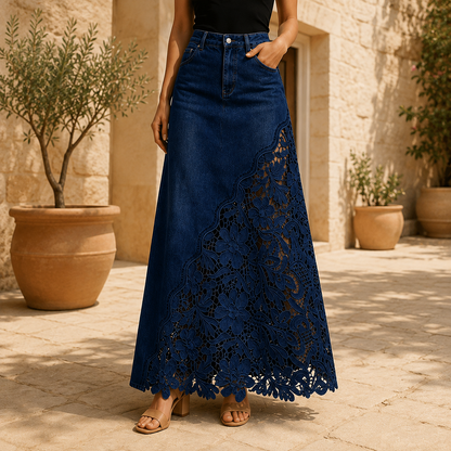 The Solenne Lace Denim Skirt