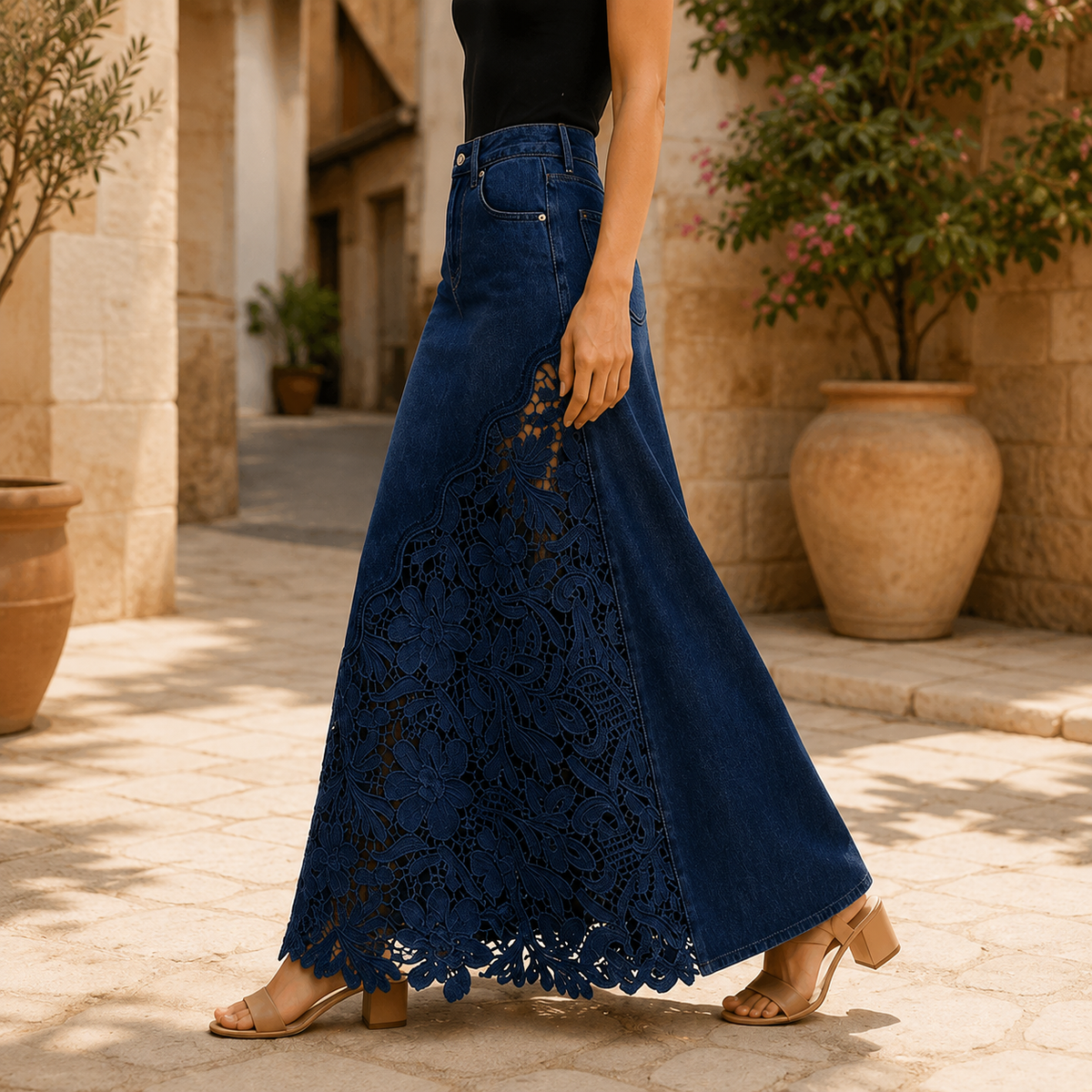 The Solenne Lace Denim Skirt