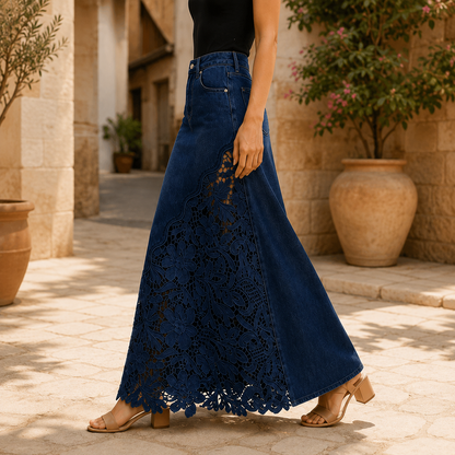 The Solenne Lace Denim Skirt