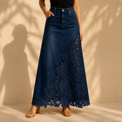 The Solenne Lace Denim Skirt