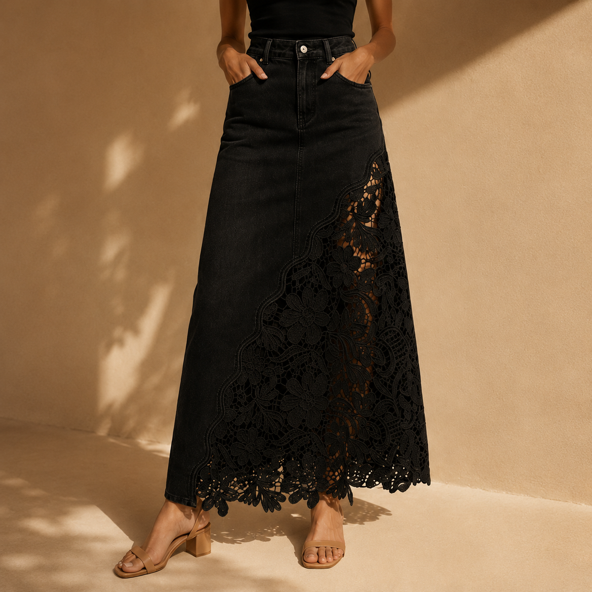 The Solenne Lace Denim Skirt