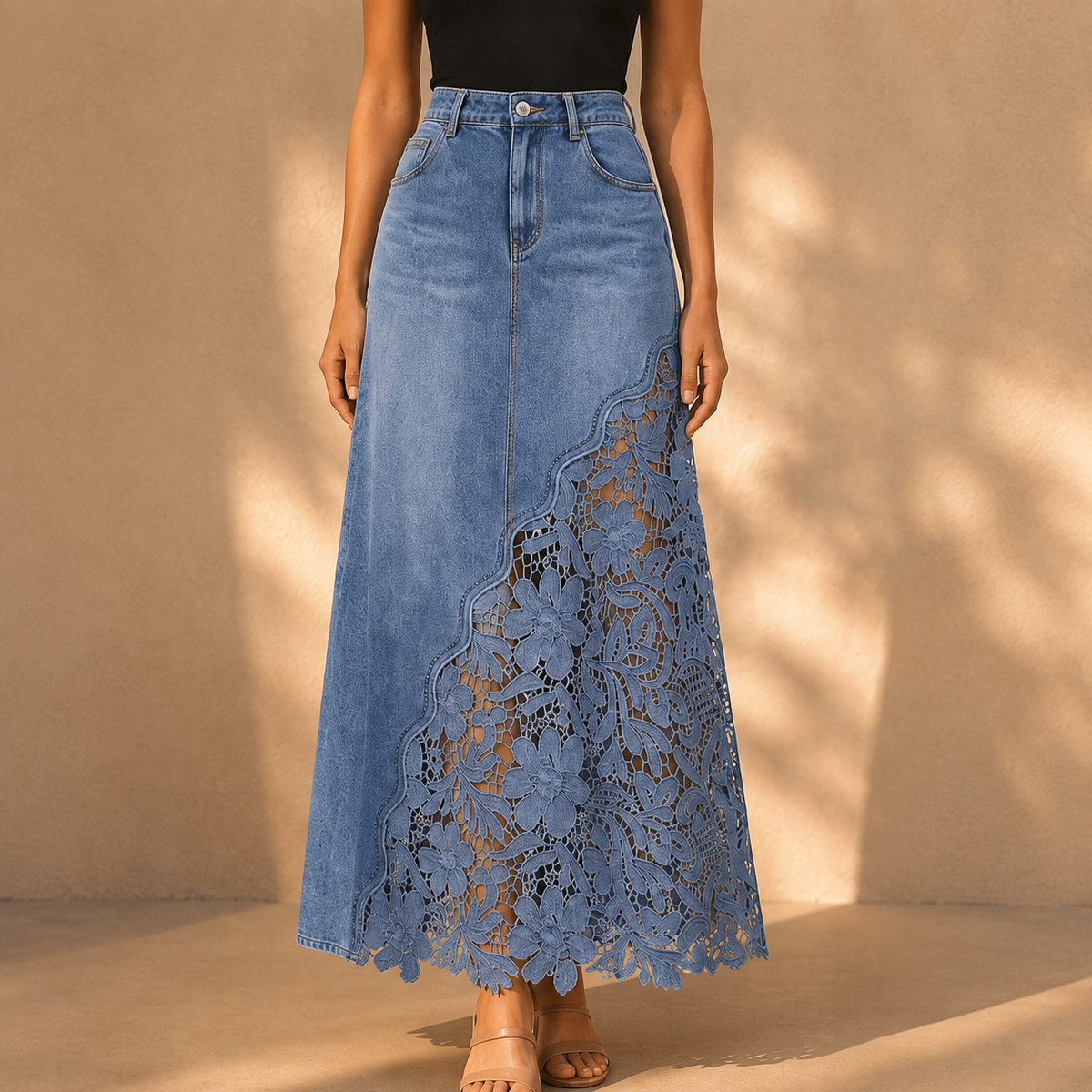 The Solenne Lace Denim Skirt