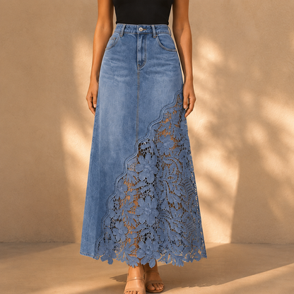 The Solenne Lace Denim Skirt